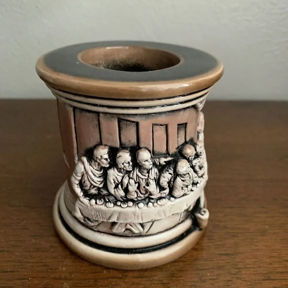 Ceramic Last Supper Tea Light Candle Holder Christmas Scene Column Heavy